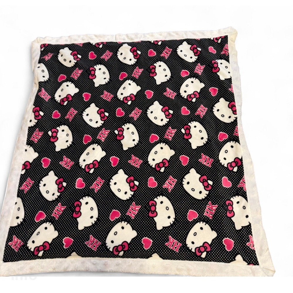 Hello Kitty Baby Blanket 24x24 Black Pink Hearts HK Minky Plush Lovey